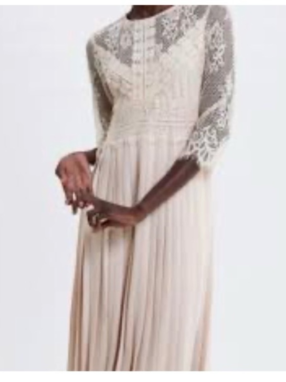 Zara Cream Lace Pleated Long-Sleeve Midi Dress